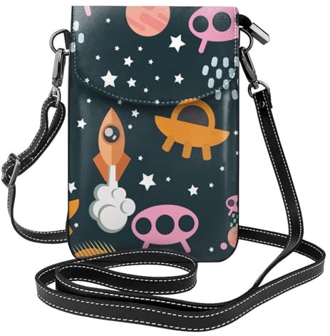Petit sac à bandoulière en cuir avec motif planètes spatiales, fusées, soucoupes volantes, extraterrestres, astronautes, pour femme, sac à main pour téléphone portable, porte-monnaie, multicolore,