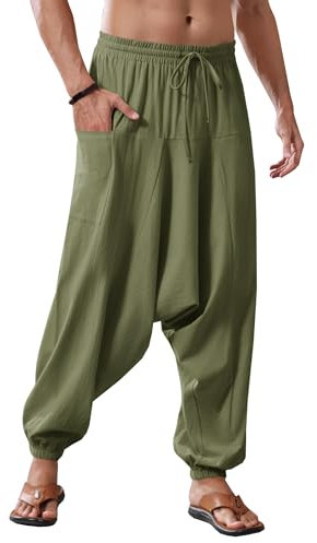 Runcati Pantaloni harem da uomo in cotone baggy hippie, casual, in lino, da spiaggia, da cavallo profondo, verde, M