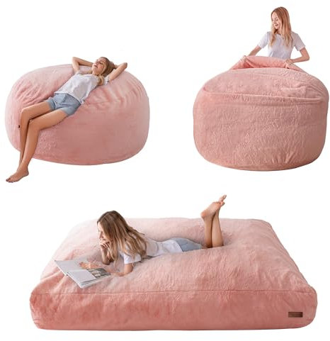 MAXYOYO Bean Bag Bed - Convertible Folds from Bean Bag Chair to Bed - Foam Sofa with Shaggy Cover and Fluffy Filling Included for Adult, Teens, Guest (Pink, Double)