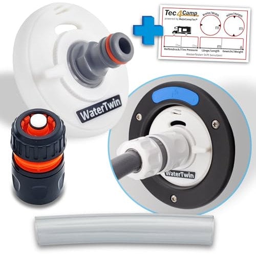 MaJoCompTec® WATERTWIN Tapa de depósito con conexión de agua, adaptador de llenado para boquilla de llenado de agua, accesorio para autocaravana (versión ECO + conector de manguera, adaptador de 3