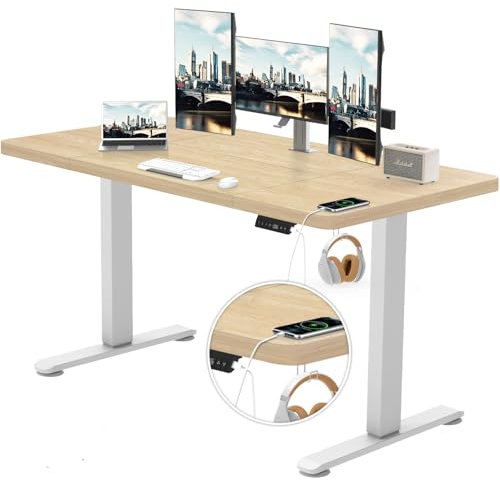 TRIUMPHKEY Escritorio Elevable Regulable en Altura 140x70cm, Toma USB Control de 3 Memorias,Grande Mesa Elevable con Anticolisión, Escritorio de Ordenador Roble Blanco