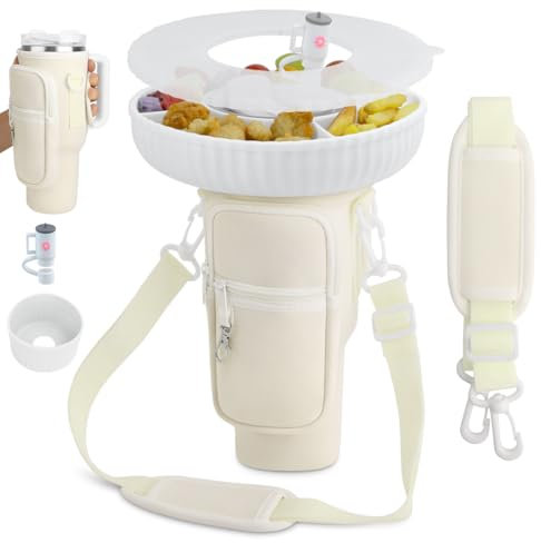 Cartlant Cup Bag Holder with Tray for Stanley Accessories 40 oz, Tumbler Water Bottle Carrier with Strap, Snack Holder, Lid, Boot, Straw Cover, Quencher Carry Bag for Stanley Cup (White)