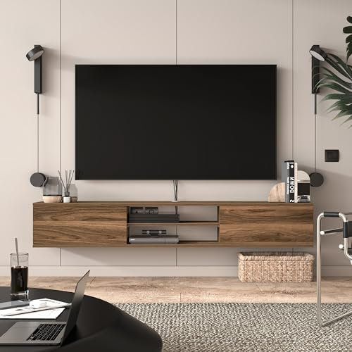 Uniqtrio Floating TV Unit for 75 Inch TVs - TV Stand Cabinet, Table, Media Wall Unit for Living Room Entertainment (Walnut)