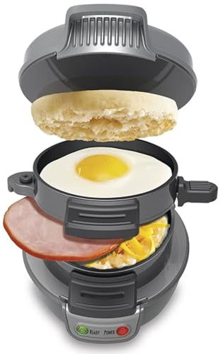 SUPER FOREST Breakfast Sandwich Maker 600W Burger Sandwich Omelette Toaster Maker with Egg Cooker Ring Spin Out Cooking Board Indicator Light Non Stick Egg Mcmuffin Maker for Home Kitchen gray