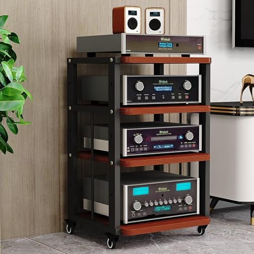 WNYAILLL 3/4-stufiger HiFi Rack mit Rädern, Audio-Video-Medienständer, Audio-Regal, Plattenspieler Tisch mit verstellbaren Ablage, für Wohnzimmer Schlafzimmer Arbeitszimmer(Brown,80cm/31.5in)