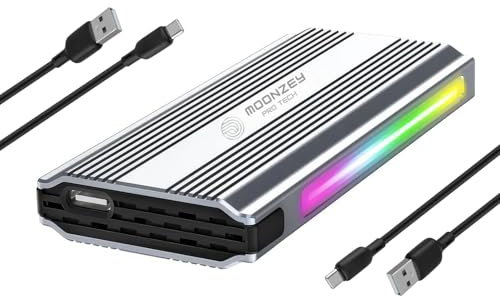 MOONZEY Pro Tech M.2 NVME SSD Enclosure Aluminium Gaming RGB, USB C 3.2 Gen 2, 10Gbps Transfer Speed, Tool Free, NVMe M-Key for 2280/2260/2242 M.2 NVMe, with USB C to A Cable, RGB Gaming Light