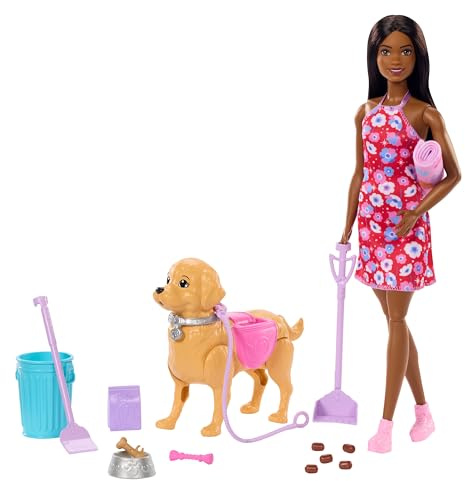 Barbie Walk & Potty Welpen-Set mit Barbie Brooklyn Puppe | Mit Spielzeughund, der Gassi geht und sein Geschäft verrichtet, plus Hundehaufen-Aufsammler und Tierzubehör, JJB47
