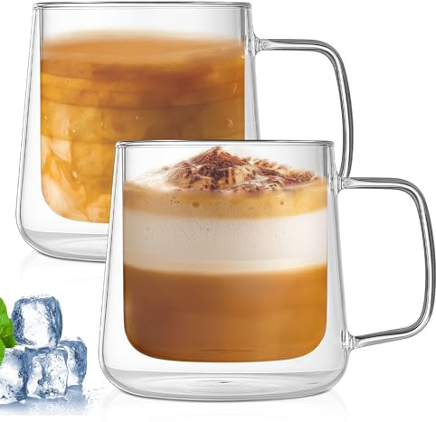 PORFOYO Latte Macchiato Gläser 2er Set, 400ml Doppelwandige Kaffeegläser mit Griff, Doppelwandige Gläser für Cappuccino, Latte, Tee, Kaffee, Milch, Saft, Bier