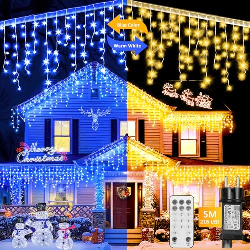 Auniq Eisregen Lichterkette Außen mit Fernbedienung, 5M 216 LED Eisregen Lichtervorhang Weihnachtsbeleuchtung 11 Modi Eiszapfen Lichterkette mit 5m Kabel für Balkon Fenster Traufe (Blau und Warme)