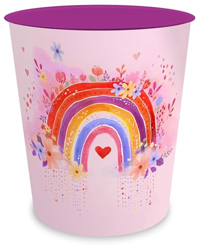 itenga Papierkorb mit Motiv Regenbogen - RAINBOW DREAMS - für Kinder und Erwachsene - rund ca. 11 Liter - Mülleimer fürs Kinderzimmer und Büro - stabiler Kunststoff