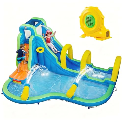 GIANTEX Hüpfburg mit Wasserrutsche, 5 in 1 Aufblasbare Hüpfburg mit Kletterwand, Basketballkorb, Planschbecken & 2 Wasserkanonen, Wasserpark Kinder Outdoor von 3-12 Jahren (mit 750W Gebläse)