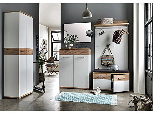 Lomadox Garderobe 5-teilig ● Weiß & Navarra Eiche ● Garderobenset: Schuhschrank, Schuhbank, Spiegel, Garderobenpaneel, Garderobenschrank ● Türen & Schubladen mit Softclose ● Made in Germany