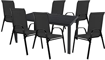 Mojawo Hochwertige Gartengarnitur 7-teilig Gartentisch 180x90cm Anthrazit Aluminium/WPC Schwarz + 6 Stapelstühle Stahl Textilen Schwarz