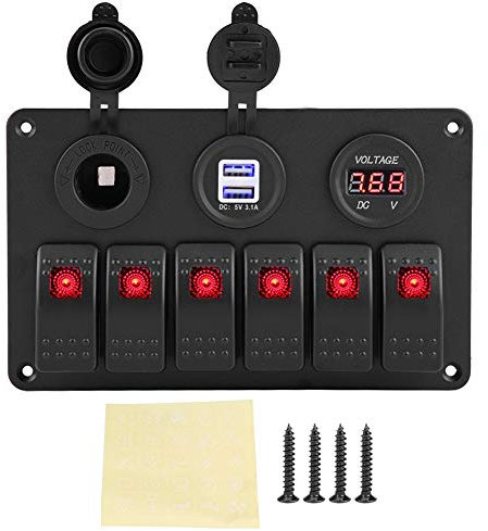 Wippschalter, 6-Gang-LED-Schalttafel, 12V 24V 6 Gang Auto Boot Marine LED Wippschalter Panel Dual USB Voltmeter Zigarettenanzünder(rot)
