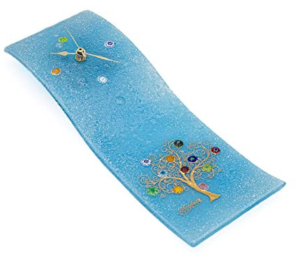 Sospiri Venezia Orologio da Parete Vetro Murano Meccanismo Silenzioso Decorato Murrine e Foglia Oro Idea Regalo Realizzato a Mano Made Italy (Azzurro 10x30 cm)