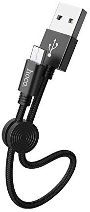 HOCO Short Micro USB Cable 25cm Ideal Lenght, 2.4A Nylon Braided Short USB Cable with Round Clip for Safe and Long Term Use, Micro USB Cable Short for Phones, Power Banks Android Charging Cable Black