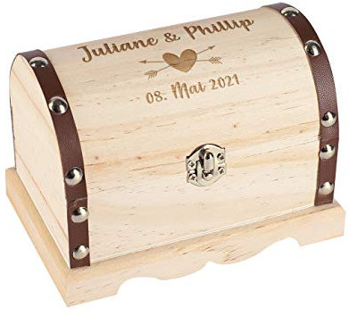 Herz & Heim® Personalisiertes Hochzeitsgeschenk Schatztruhe mit Gravur in verschiedenen Größen Herz, ca. 15 cm x 10,5 cm x 9,5 cm (B/H/T)