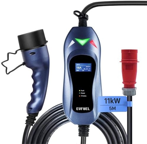 EVFUEL Typ 2 bis zu 11 kW CEE-Stecker Tragbares EV-Ladegerät 3-phasig 380V 16A 5 m EV-Ladestation mit Tragetasche für IEC 62196-2 Elektrofahrzeuge und Plug-in-Hybridautos