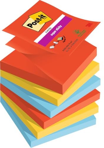 Post-it Super Sticky Z-Notes Playful Collection, Packung mit 6 Blöcken, 90 Blatt pro Block, 76 mm x 76 mm, Rot, Gelb, Blau - Extra-stark klebende Notizzettel für Notizen, To-Do-Listen und Erinnerungen