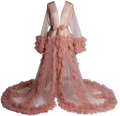 Robe de chambre longue en tulle transparent pour femme, rose, XL