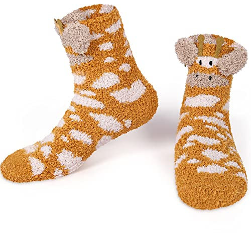 SATINIOR Winter Weiche Flauschige Tier Kuschelsocken 3D Flauschige Hausschuhe Socken Warm Süße Haussocken für Damen Mädchen (Giraffe)