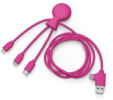 Xoopar - Mr Bio Multi-USB-Kabel Lang 1m Krakenförmig Rosa - Universelles Ladegerät Aus Recyceltem Kunststoff USB, USB-C, Lightning, Micro-USB, Smartphone-Stecker Universal