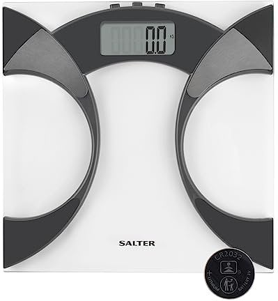 Salter 9141BKCFEU16 Analyser Badezimmerwaage - digitale Waage für Körpergewicht, Körperfett/Wasser, ultradünne Glasplattform, 4 Benutzerspeicher, Teppichfüße, Batterien inbegriffen, 160kg Kapazität