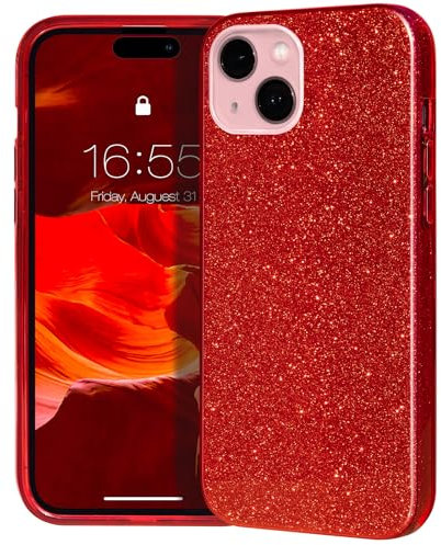 MATEPROX Compatible with iPhone 15 Case, Sparkly Bling Cute Glitter Cover with 3 Layer Hybrid, Anti-Slick Protective Case for iPhone 15 6.1'' 2023-Red