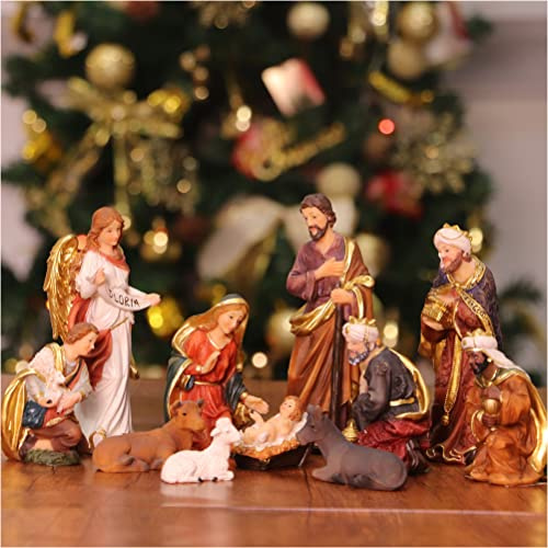 Zayton Weihnachtskrippen-Set für den Innenbereich, 11-teilig, Krippen-Set, 14 cm, Heilige Familie, Miniaturen, Statue, Krippe, Jesus, Krippe, Ornament, Kirche, Weihnachten, Heimdekoration