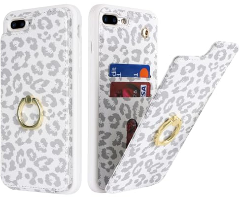 Cavor Phone Case compatible with iPhone 7 Plus/8 Plus Case With Card Holder,Flip Folio Leather Wallet Case,Magnetic Ring Kickstand Shockproof Cover Case - White Leopard