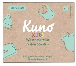 Kuno Waschmittel Streifen für Kinderkleidung - Nachhaltige Waschblätter - Einfache Aufbewahrung - 100% Vegan und optimal für Reisen und Urlaub - Eco (Kids Waschmittel, 60 Stück (1er Pack))