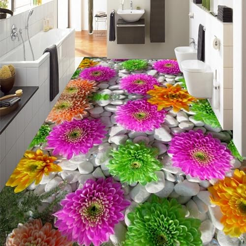 Wandtattoo 3D Effekt Benutzerdefinierte Selbstklebende Bodenwandbild 3D-Blumen Kopfsteinpflaster Pflanzen Bodenaufkleber Badezimmer Wohnzimmer Pvc Wasserdichte Tapete 3 D, 150 * 105 Cm