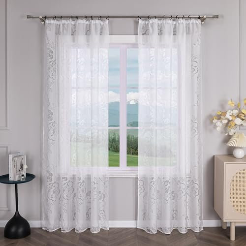 Delien Ausbrenner Gardinen mit Kräuselband Modern Gardinenschals Transparente »Rose« Gardinen Wohnzimmer Fenster Dekoschals Vorhang mit Blumenmuster 1 St. Weiß,BxH 140x175cm
