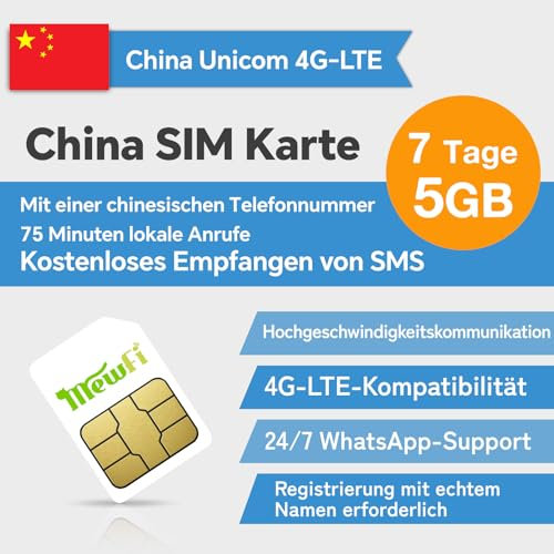 China SIM-Karte 7 Tage 5 GB, Festland China SIM-Karte mit Mobilfunknummer, Aktivierung erforderlich, 4G-Betriebsnetz, 75 Minuten Ortsgespräche, kostenlose Anrufe und SMS empfangen