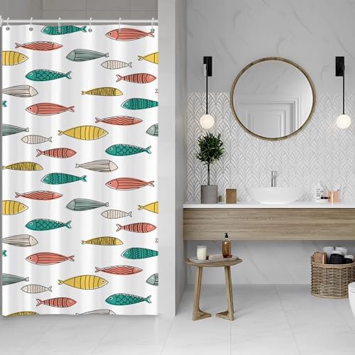 ASDCXZ Tenda da doccia a forma di pesce, 120 x 200 cm, giallo, verde, rosso, oceano, colorato, antimuffa, bagno, lavabile, sottile, in poliestere, impermeabile, tenda da doccia per vasca da bagno con