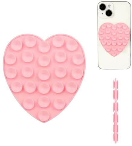 PEUTIER Silicone Suction Phone Holder, Double Sided Heart Shaped Suction Mount for Mobile Devices, Sweet Pink Grip