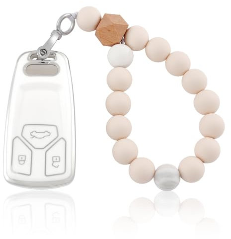 OFF WE GO Autoschlüssel Hülle Schlüsselhülle Cover für Audi A4 B98 S4 RS4 A5 F5 RS5 A6 A7 A8 D5 Q2 Q5 Q7 SQ5 SQ7 TT TTRS R8 Schlüsselcover mit Schlüsselanhänger Schlüssel Schutz Gehäuse, Weiß Silber
