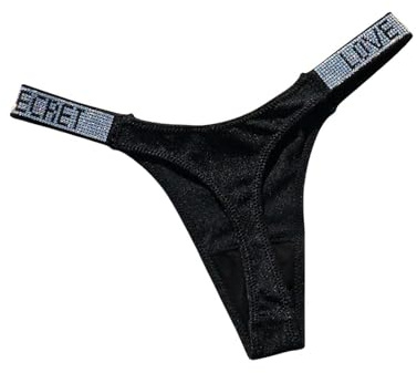 AlHECE Unterwäsche Frauen Panties Glänzender Buchstaben Strass Sexy Unterwäsche Slips Low Rise G-String Sport Tanga Feste Farbe Frauen-Schwarz-S