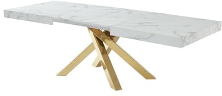 Vente-unique-Esstisch ausziehbar - 6 bis 10 Personen - MDF & Metall - Marmor-Optik Weiß & Goldfarben - CATONAV