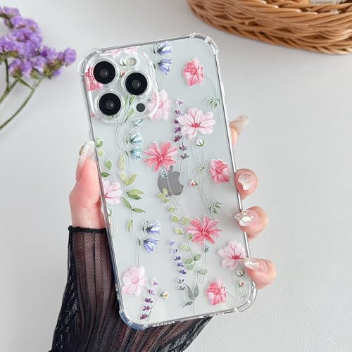 DEFBSC Case for iPhone 15 Pro Max, Cute Clear Flower Design Phone Case for Girls Women Slim Fit Shockproof Soft TPU Bumper Protective Case for iPhone 15 Pro Max - Pink