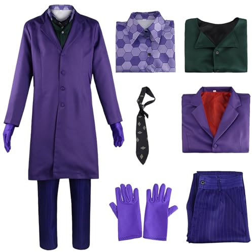 Ficlwigkis Joker Kostüm, Karneval Faschingskostüme, Lila Mantel Mit Weste Hemd Hose Krawatte Handschuh 6 Pcs Set Anzug Halloween Kostüm Herren (L)