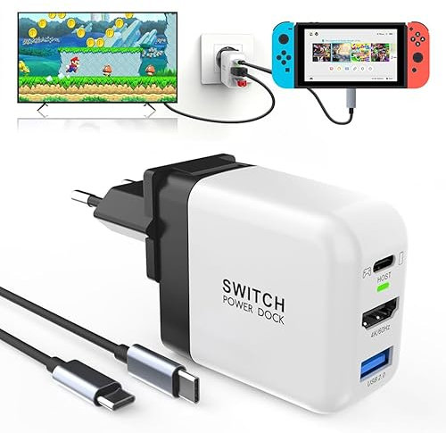 65W Switch Docking Station, für Nintendo Switch OLED/Steam Deck, Mini GaN Netzteil mit 3-Port (USB C+USB A+4K/HD), tragbare Docking Station Kompatibel mit Switch/Steam Deck/Rog Alley/Mobile weiß