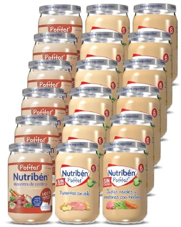 Nutribén Potitos Surtido 18 Carne y Verduras Sin Gluten +6 Meses, 18x235g | 6xCordero, 6xPollo y 6xTernera + verdura. AOVE. Sin sal ni azúcares añadidos. Sin gluten, huevo, leche ni aceite de palma.