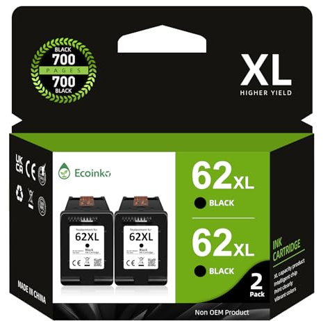 ECOINKO 62XL Druckerpatronen Schwarz- 2X 750 Seiten, Kompatibel für HP 62 Schwarz für HP62 Druckerpatrone, 62 XL für OfficeJet 250 200 5740 Envy 5540 5640 7640 5548 5544 5545 5646 5547