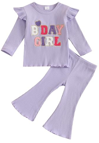 MAHUAOYIXI Baby Girl 2Pcs Birthday Outfits Long Sleeve Letter Embroidery Tops Flying Sleeve + Flare Pants Set Toddler Girls Clothes Birthday Clothing Set