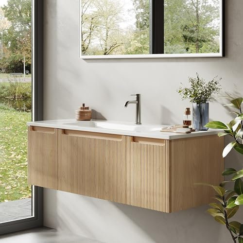 BRIDGE BENO Hängeschrank mit Waschbecken aus Mineralharz, Schublade und Tür, ultradünn, sanft schließend, geriffelter Akzent, geeignet für große Badezimmer (Golden Sand, 120 cm)