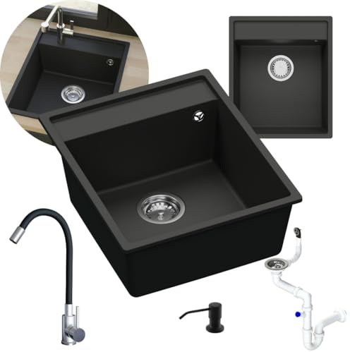 GRANMASTER Magma Granitspülbecken Komplett-Set Flexiblen Wasserhahn, Siphon, Seifenspender – 1-komoriger Spülbecken kratzfest hitzebeständig modernes Design für die Küche