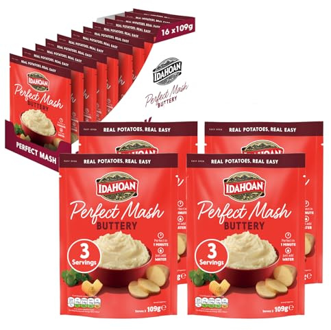 Idahoan Buttery Potato Mash Potatoes Pack of 16 x 109g - Instant Mash Potatoes Cooks in 1 Minute Ready to Eat Food