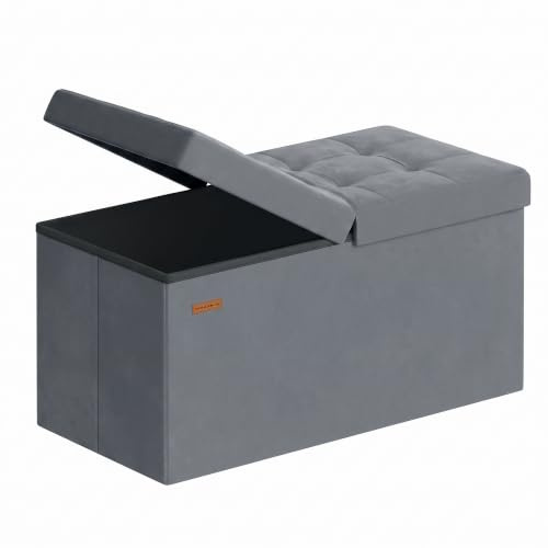 SONGMICS Pouf Pieghevole, Cassapanca, 38 x 76 x 38 cm, Coperchio Ribaltabile, Capacitàdi Carico Statico 300 kg, per Corridoio, Soggiorno, Camera da Letto, Velluto, Grigio Ardesia LSF048GN01