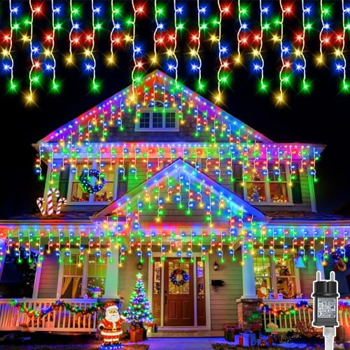 Gcstnn Eisregen Lichterkette Außen, 20M 480er LEDs Mehrfarbig Lichterketten Eisregen Weihnachtsbeleuchtung Strom mit Timer,Wasserdicht für Balkon Dachrinne Haus Fenster Weihnachtsdeko Aussen Innen